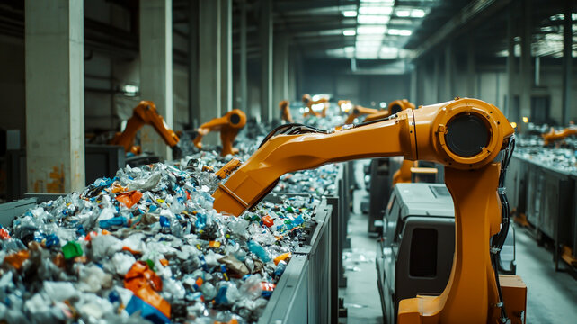 An advanced AI-powered recycling facility, where robotic arms sort and process waste with perfect efficiency
