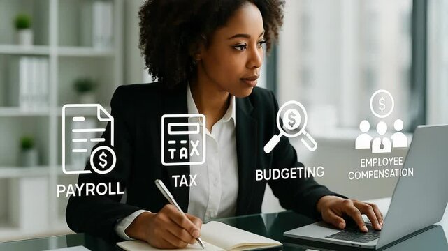Businesswoman analyzing payroll and budgeting with focus on employee compensation.