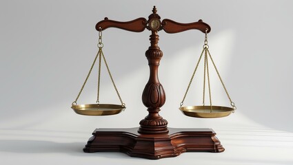 classic wooden balance scale, intricately carved with vintage design elements, brass weighing pans hanging evenly