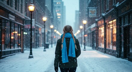 Winter Wonderland Walk - A lone figure walks through a snowy city street at night, illuminated by warm streetlights. The scene evokes feelings of peace, solitude, winter magic