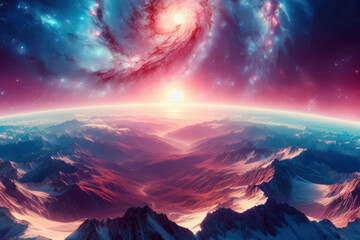 Majestic cosmic view showcasing a colorful galaxy above a vibrant alien landscape at sunset