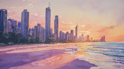Golden hues paint the sky as the sun sets over Gold Coast, Australia, highlighting the towering skyline and gentle waves lapping the sandy shore