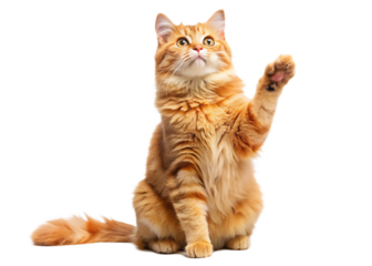 Playful ginger orange cat sits on hind legs raised front paws and looks up  isolated on white background