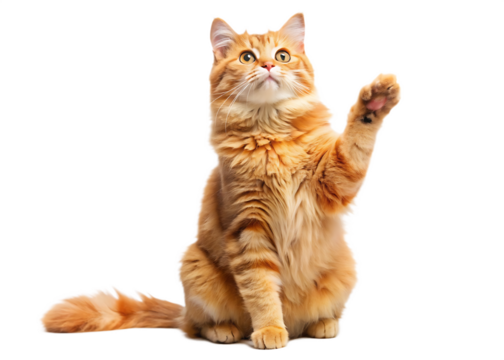 Playful ginger orange cat sits on hind legs raised front paws and looks up  isolated on white background