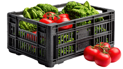 Harvest Crate's Bounty: A vibrant assortment of ripe tomatoes and fresh leafy greens spills from a robust crate, a feast for the eyes and a promise of wholesome, healthy eating.