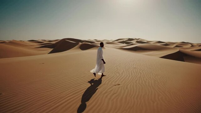 Berber man walking alone in the sahara desert