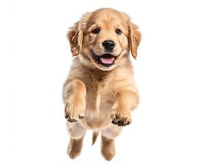 Fototapeta premium Isolated on white, playful Golden Retriever puppy midjump with joyful expression, highspeed studio capture, realistic photo style