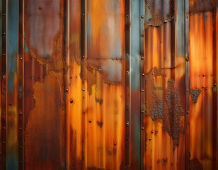 A metal sheet wall with streaks of rust and weathering marks creating natural abstract patterns in autumn colors.