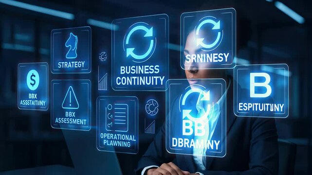 Businesswoman engaging with interactive holographic business continuity interface in modern office.