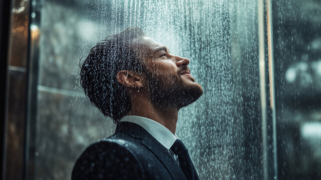 Businessman in a formal suit enjoying a relaxing shower with his eyes closed, standing in a luxurious bathroom. Business concept. The image conveys serenity and peace. Image made using Generative AI.