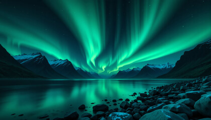 The Aurora Borealis mirrors itself between the fjords in Tromsø