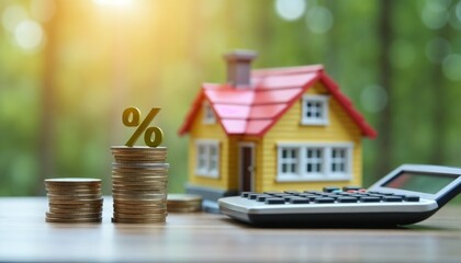 Financial planning with coins, a calculator, and a miniature house showcasing percentage calculation
