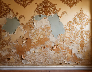 A wall with peeling wallpaper reveals layers of past decoration and a sense of faded elegance.