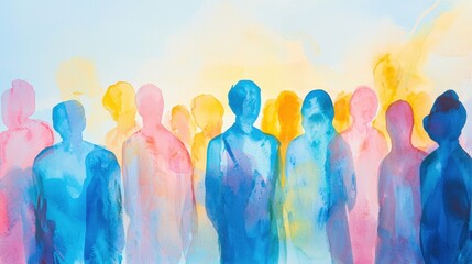 Obraz premium A diverse group of individuals stands together against a backdrop of soft pastel colors reflecting a sunset, creating a lively and artistic atmosphere