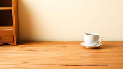 Warm and Inviting Wooden Desk with Coffee Cup Cozy Workspace