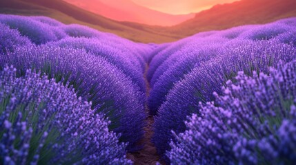 Fototapeta premium Blooming lavender field creating violet stripes at sunset