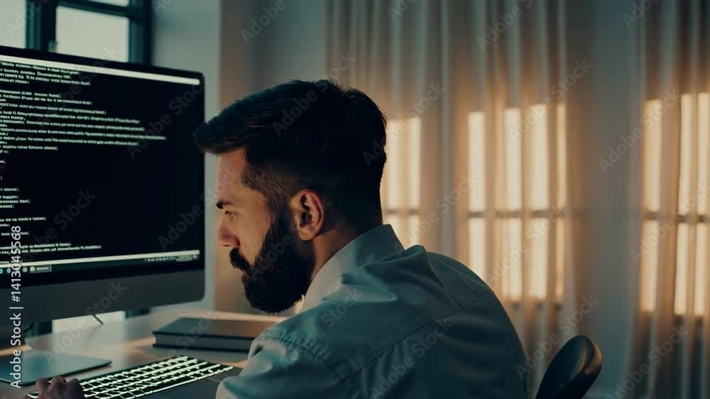 Poster Young programmer concentrating on lines of code displayed on computer screen in a dimly lit office, illuminated by warm light filtering through window blinds, diligently typing on keyboard
