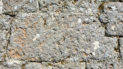 Naklejka premium Detailed close up of weathered stone with moss capturing the essence of ancient history and resilience