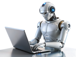 Robot works using laptop, 3d desigl isolated on white background