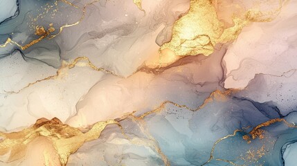 Fototapeta premium Soft hues of blue and peach blend seamlessly with golden lines creating a soothing abstract design ideal for modern decor. The artwork evokes tranquility and elegance