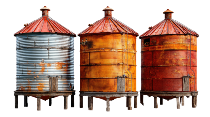 Rustic Grain Silos: A picturesque composition showcases three weathered grain silos, each boasting a unique patina, standing against a bright background. Evoking the spirit of agricultural heritage.