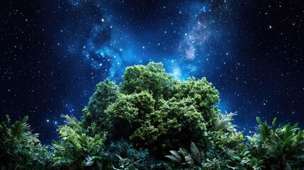 Obraz premium Mystical green plant illuminated by night sky nature growth photography