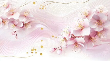 Beautiful cherry blossoms adorn a soft pastel background, showcasing intricate gold accents and gentle curves. This design captures the essence of spring in a graceful manner