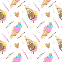 Watercolor seamless pattern colorful ice cream cones, candy sticks, and pastel sprinkles background. Fruit ice, waffle cone. Perfect for summer-themed designs, textiles, wrapping paper, digital paper