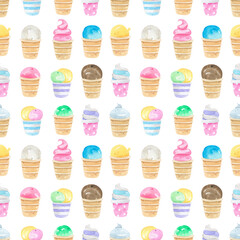 Watercolor seamless pattern colorful ice cream scoops in waffle cones background. Fruit ice, ice cream cup, waffle cone. Perfect for summer-themed designs, textiles, wrapping paper, digital paper
