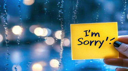Hand holding a yellow sticky note with "I'm Sorry" written on it, behind a rainy window.