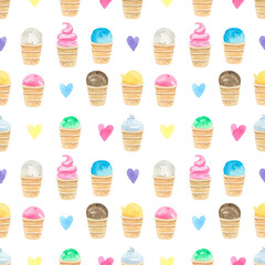 Watercolor seamless pattern colorful ice cream scoops in waffle cones background. Fruit ice, ice cream cup, waffle cone. Perfect for summer-themed designs, textiles, wrapping paper, digital paper