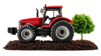 Red Tractor in the Field: a vibrant red tractor sits proudly in a field with a small green tree, conveying concepts of agriculture and farming.