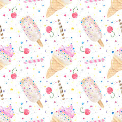Watercolor seamless pattern pastel colors ice cream cones, popsicle, hearts, candy, sprinkles background. Perfect for summer-themed designs, textiles, wrapping paper, digital paper