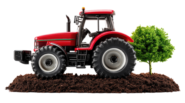 Red Tractor in the Field: a vibrant red tractor sits proudly in a field with a small green tree, conveying concepts of agriculture and farming.