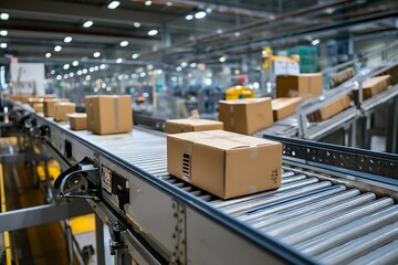 Naklejka premium warehouse conveyor belts transport stacks of cardboard boxes exemplifying optimized logistical planning and systematic inventory management practices 