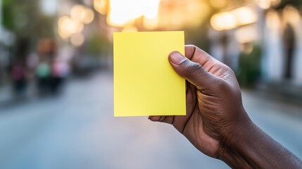Blank yellow sticky note held aloft by a hand.