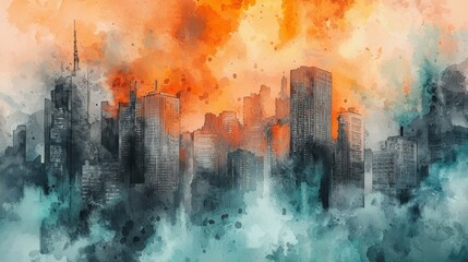 Skyscrapers rise against an explosive sky painted in hues of orange and gray. A misty ambiance envelops the city, creating a captivating and surreal backdrop
