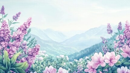 Colorful flowers in shades of pink and purple frame a serene landscape of rolling mountains and a gentle sky. The scene captures the essence of nature's tranquility