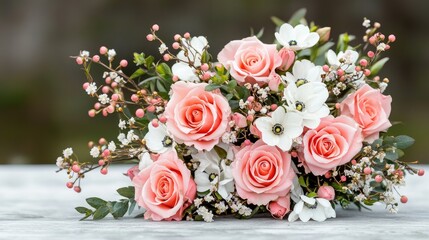 Obraz premium Elegant pink and white rose bouquet soft natural light wedding floral arrangement