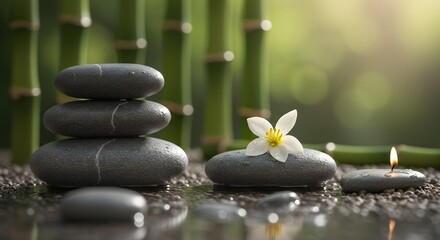 Obraz premium Serene Stacked Stones: Zen Garden with Bamboo and Blooming Flower