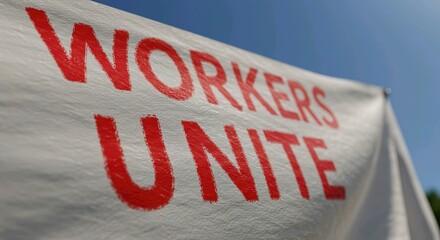 Workers unite banner with red lettering against a blue sky day