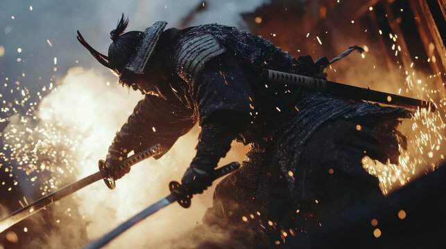 Samurai Warrior in Battle with Dual Katanas Amid Sparks  
