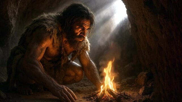 Ancient caveman tends to fire in dark cave illuminated by sunlight rays.