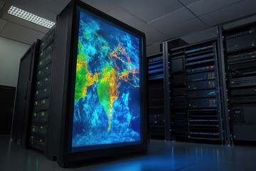 Data visualization of global climate patterns inside a server room during nighttime