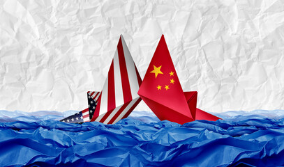 China American Trade War as United States tariffs with two opposing paper origami cargo ships as an economic tariff dispute over import and exports