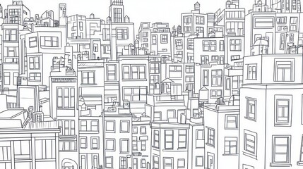 Cityscape drawing, urban scene, detailed buildings, line art, black and white, background image, graphic design, poster concept