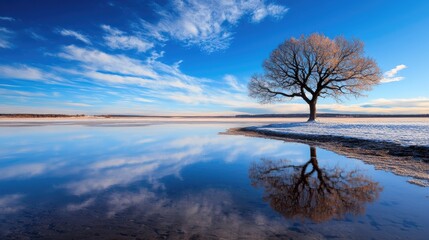 Serene winter landscape solitary tree reflected in calm lake