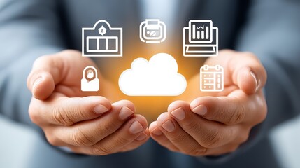 Hands Presenting Glowing Cloud Surrounded by App Icons