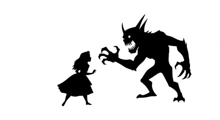 Fototapeta premium Girl facing monster silhouette black and white illustration
