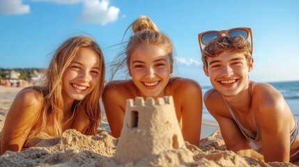 spontaneity moments concept. Three friends smiling with a sandcastle on the beach.